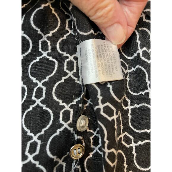 Charter Club Sz XL Linen Blouse Top Black White Long Sleeves Roll Tab - Picture 5 of 10